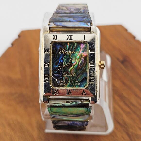 Ronica Gold Tone Rectangle Abalone Shell Face Roman Numeral Artsy Maximalist - Picture 1 of 8